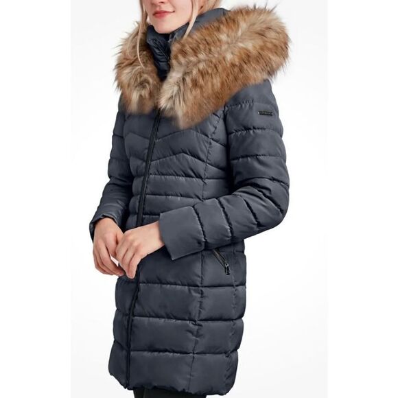 LAUNDRY BY SHELLI SEGAL Faux Fur Trim Cold Weather Parka Coat in Navy NWT Size X - Picture 1 of 9